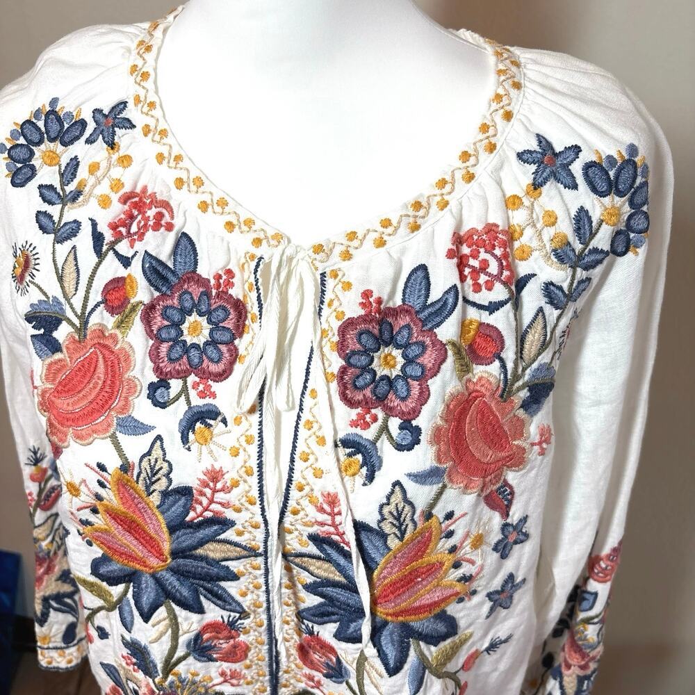 Johnny Was Linen Tiwa Blouse Tunic Top Small Boho Floral Peasant White - Picture 6 of 15